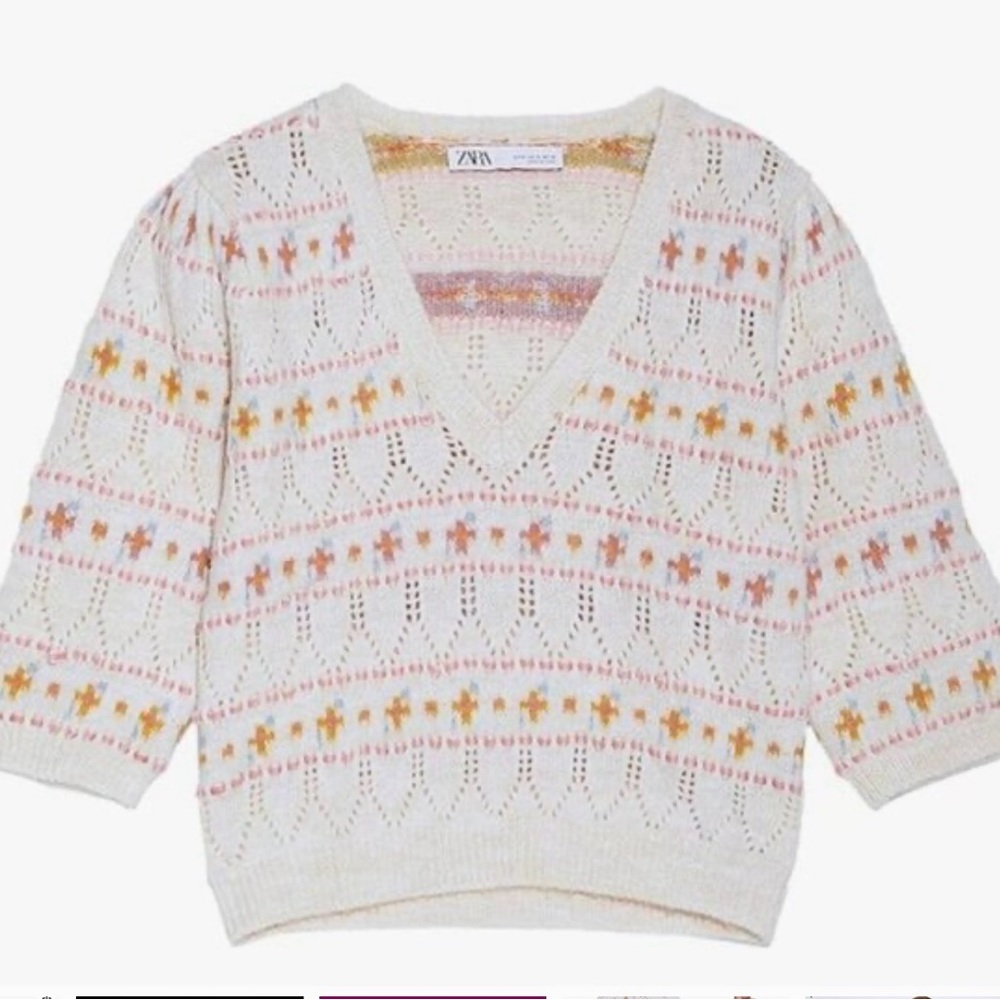 ZARA Floral Pattern Knit V-Neck Sweater